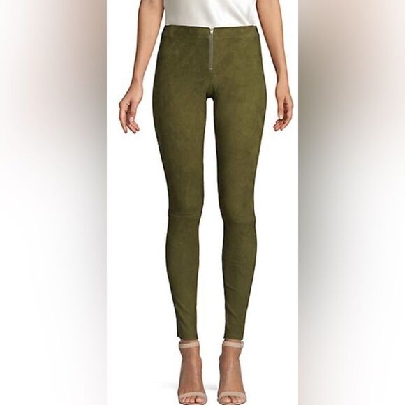 Alice + Olivia Front Zip Suede Leggings in Moss 100% lamb skin - Picture 1 of 10